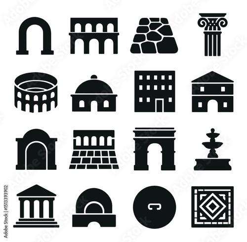 Historical landmarks icon collection: flat style, ancient architecture and monuments set
