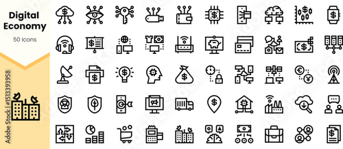 A collection of digital economy icons featuring technology, finance, and data themes, showcasing modern business concepts in a minimalist design.