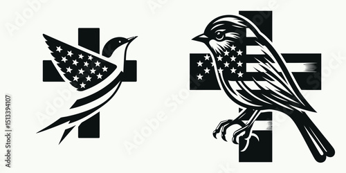 bird with american flag print on cross. 4th of July Independence Day Patriotic Usa Vector. Avian icon design banner crucifix emblem decor.