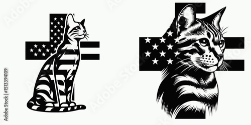 Bengal Cat with american flag print on cross. 4th of July Independence Day Patriotic Usa Vector. Feline crucifix banner artwork domestic shorthair theme.