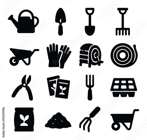 Gardening tools silhouette icon collection. essential equipment and garden tool set