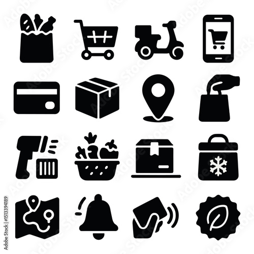 Grocery and shopping icon collection: flat style, retail and commerce symbols