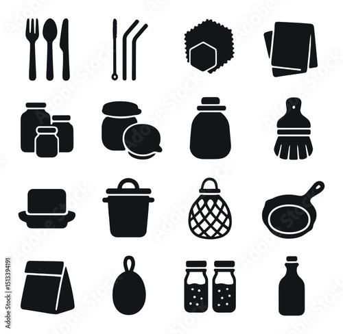 Zero waste lifestyle silhouette icon collection. eco-friendly and sustainable design set