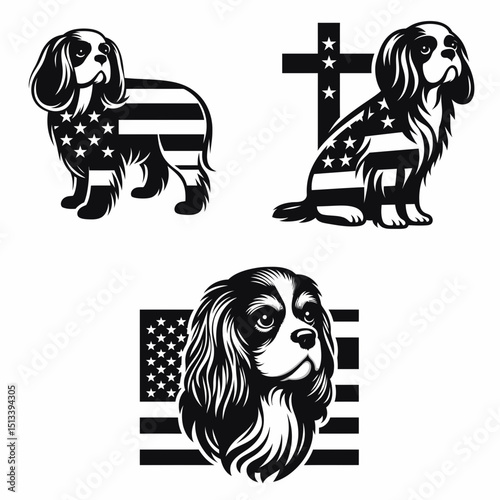 Cavalier King Charles Spaniel Dog with american flag print on cross. 4th of July Independence Day Patriotic Usa Vector. Petite canine stars and stripe pattern crucifix decoration.