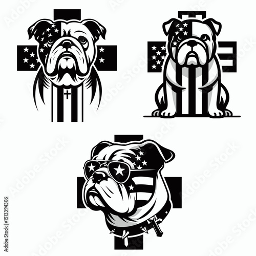 Bulldog Dog with american flag print on cross. 4th of July Independence Day Patriotic Usa Vector. canine crucifix banner motif pet animal devotion theme.