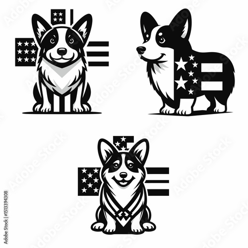 Corgi Dog with american flag print on cross. 4th of July Independence Day Patriotic Usa Vector. Welsh canine banner image crucifix symbol.