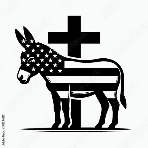Donkey with american flag print on cross. 4th of July Independence Day Patriotic Usa Vector. burro artwork crucifix stars and stripes design.