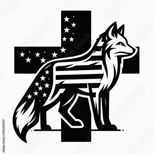 Fox with american flag print on cross. 4th of July Independence Day Patriotic Usa Vector. Canine banner design upon crucifixion icon art.