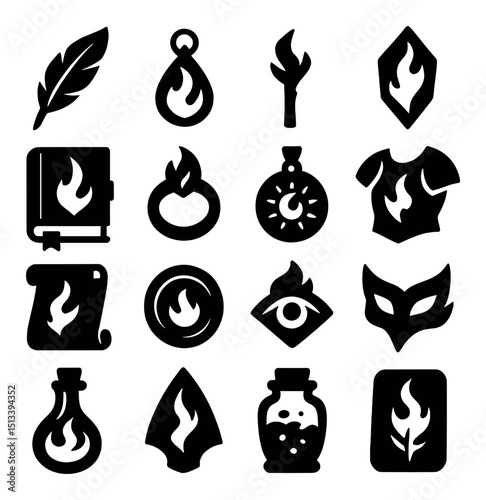 Magic and fantasy icon collection in silhouette style. enchantment and mystical symbols set