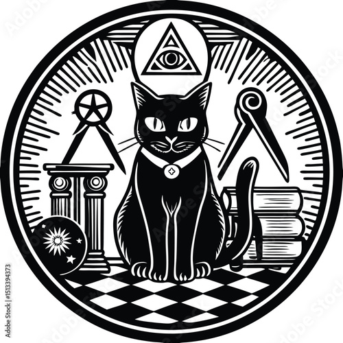Mystical Cat and Esoteric Symbols: A captivating illustration featuring a sleek black cat amidst a constellation of esoteric symbols. The image exudes an air of mystery and intellectual curiosity.