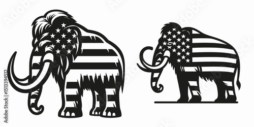 Mammoth with american flag print on cross. 4th of July Independence Day Patriotic Usa Vector. Shaggy elephantine creature sporting stars and stripe icon crucifix form.
