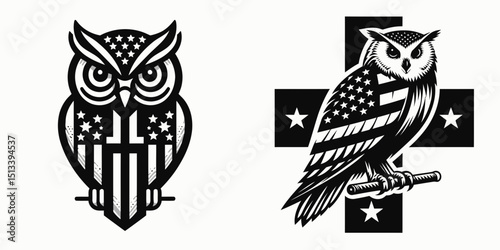 Owl with american flag print on cross. 4th of July Independence Day Patriotic Usa Vector. avian image upon crucifix stars and stripe motif liberty.