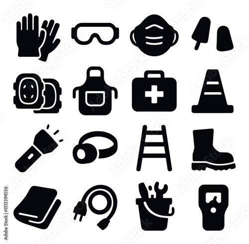 Safety and protection icon collection in silhouette style. security and precaution set