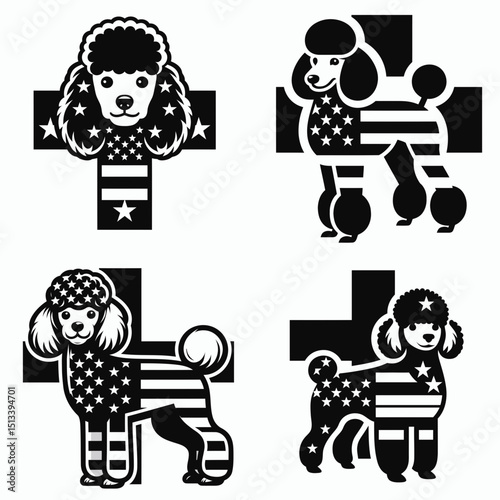 Poodle Dog with american flag print on cross. 4th of July Independence Day Patriotic Usa Vector. Canine banner image religious symbol home decor.