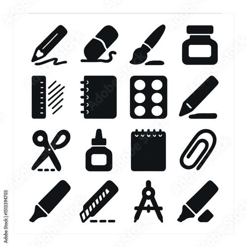 Office supplies silhouette icon collection for organization and work essentials