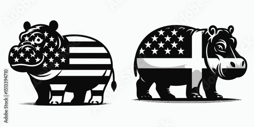 Pygmy hippo with american flag print on cross. 4th of July Independence Day Patriotic Usa Vector. Dwarf river horse having stars and stripes motif upon cruciform shape.