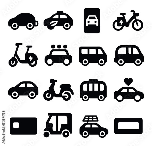 Transportation silhouette icon collection. vehicle and travel symbols set