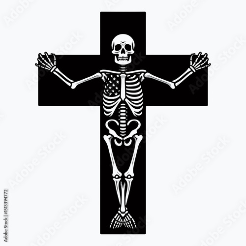 skeleton with american flag print on cross. 4th of July Independence Day Patriotic Usa Vector. Bony figure banner design crucifix country theme.