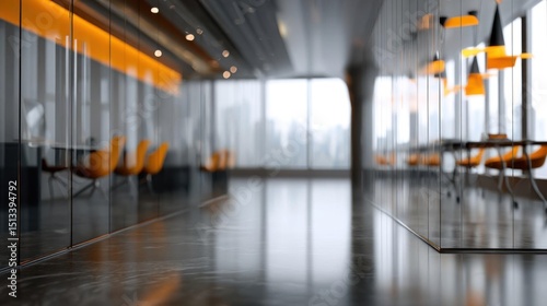 Contemporary office space with gray tones, glass partitions, and orange color highlights, blurred effect.