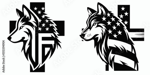 Wolf with american flag print on cross. 4th of July Independence Day Patriotic Usa Vector. Canine beast adorned patriot icon emblem a devout design.