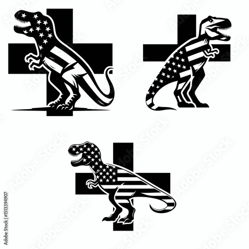 T rex with american flag print on cross. 4th of July Independence Day Patriotic Usa Vector. Colossal dino wearing banner upon a religious emblem image.