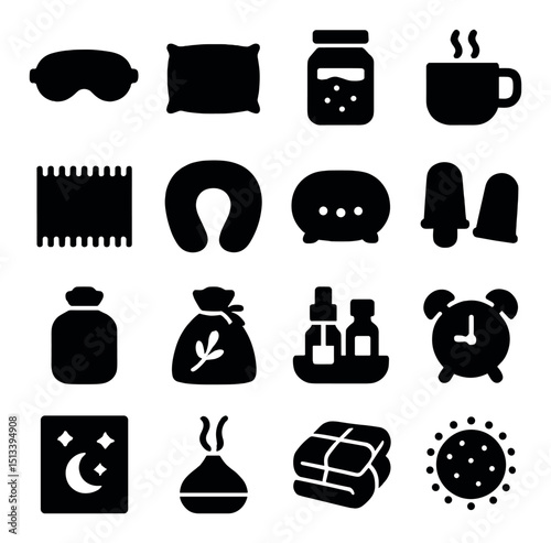 Sleep and relaxation icon collection in silhouette style. rest and comfort symbols set
