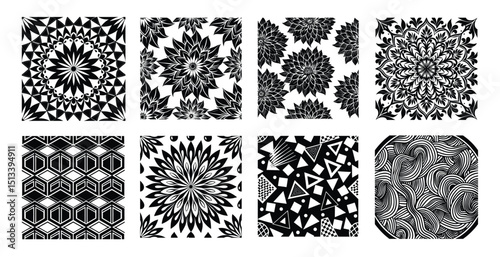 Black and white vintage floral seamless pattern vector design set with decorative ornaments and lace borders, perfect for fabric or wallpaper texture illustration