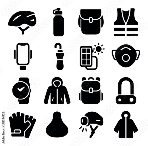 Cycling gear silhouette icon collection. biking, safety, and equipment set