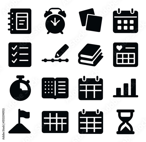 Calendar and productivity icon collection: flat and silhouette style for planning