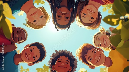 Portrait of happy kids in circle looking down and embracing. Group of five multiethnic friends outdoor looking at camera and smiling. Closeup face of children looking at camera together at park. illu photo