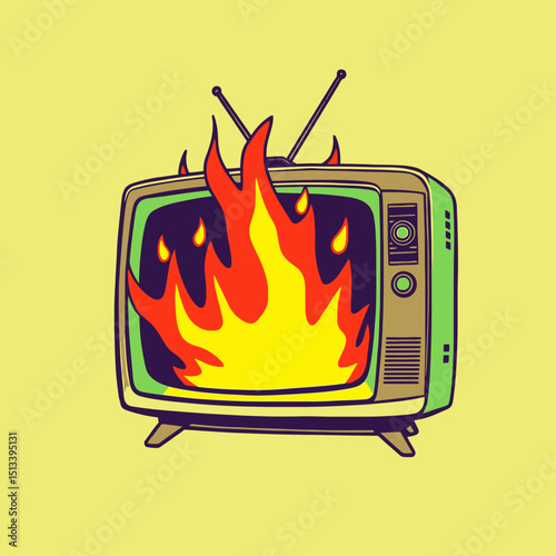 Vector cartoon illustration of a burning TV set