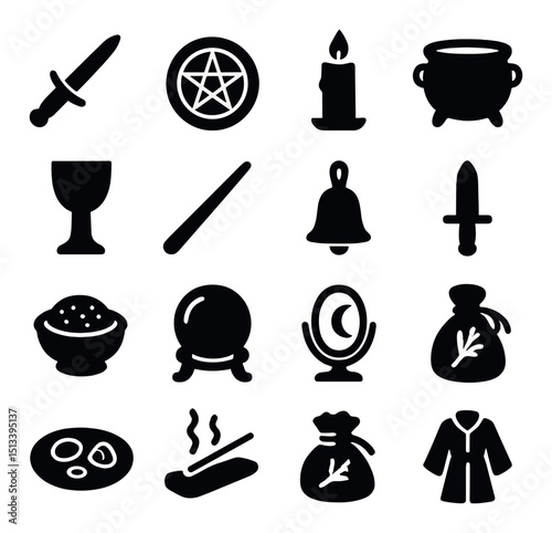 Witchcraft and magic silhouette icon collection: sorcery and spellcasting symbols set
