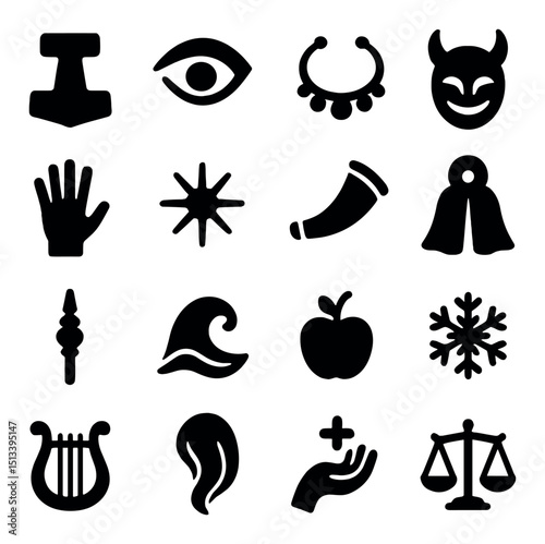 Mythology icon collection: silhouette style for legends, symbols, and ancient tales
