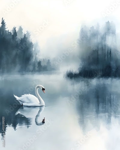 Fototapeta Naklejka Na Ścianę i Meble -  Dreamy watercolor swan on calm lake with mist