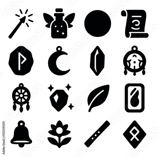 Magic and fantasy silhouette icon collection. enchantment and mystical style set