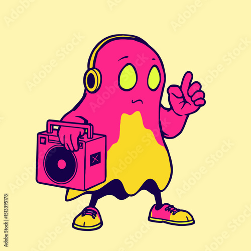Vector cartoon illustration of a punk ghost holding a boombox