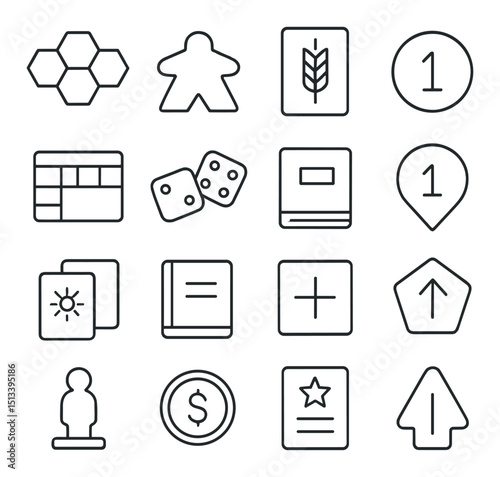 Board game icon collection: linear style cards, tokens, and dice graphics set