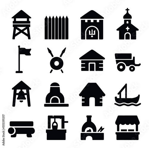 Medieval village silhouette icon collection for historic, castle, and fort themes