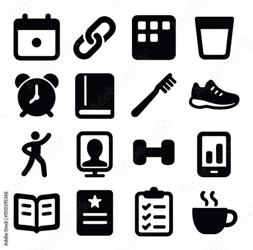 Daily routine silhouette icon collection. lifestyle, activities, essential symbols