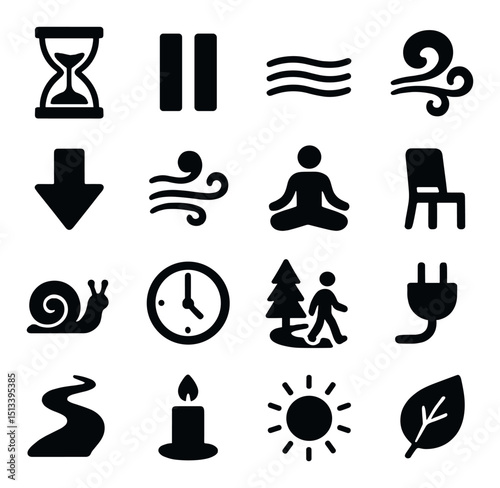 Nature and meditation silhouette icon collection. calm and relaxation symbols set