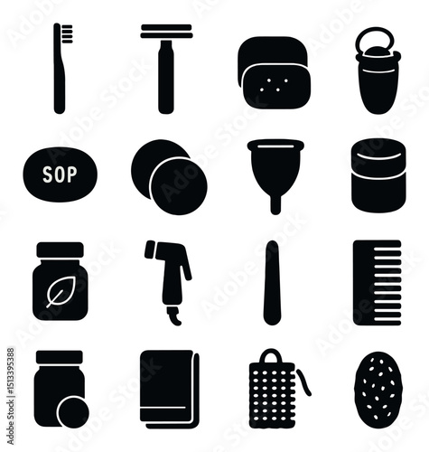 Personal hygiene silhouette icon collection. grooming, care, and cleanliness icons set
