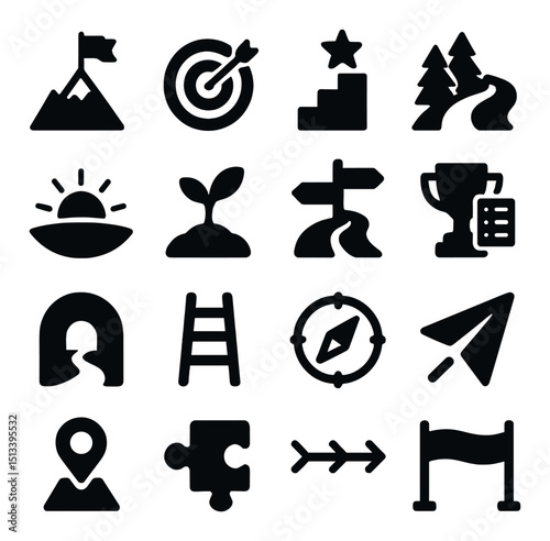 Outdoor adventure and nature silhouette icon collection. hiking and exploration symbols