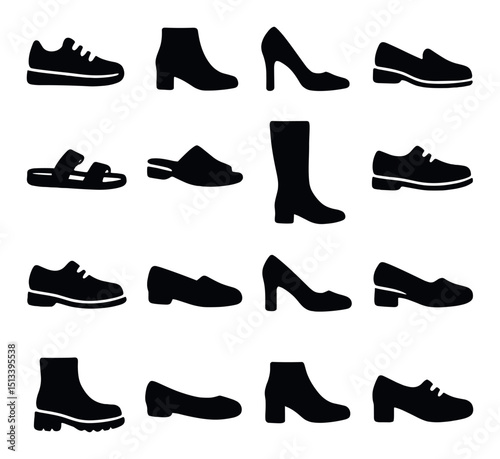 Silhouette shoe icon collection: footwear, fashion, and sneakers in flat style