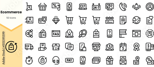 A collection of minimalist icons representing ecommerce elements, including shopping carts, payment methods, and customer support, perfect for online stores.