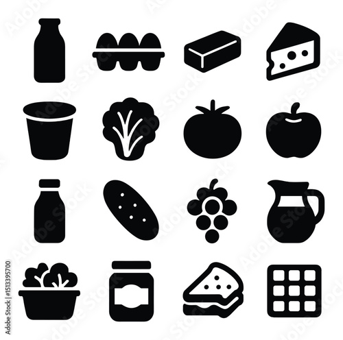 Food and grocery silhouette icon collection. kitchen, culinary, and meal prep icons