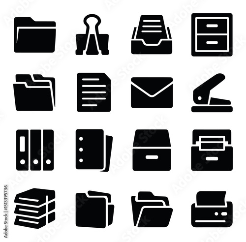 Office and business silhouette icon collection: stationary, organization, productivity