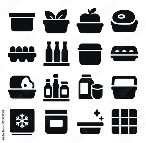Food storage silhouette icon collection. kitchen and pantry organization set