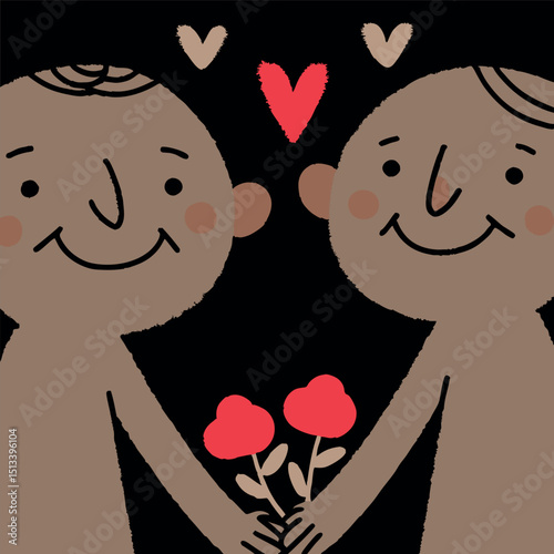 Lovers hold hands, flowers and hearts