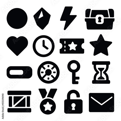 Gamer and adventure silhouette icon collection. gaming and exploration symbols set