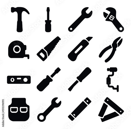 Tools and equipment silhouette icon collection. diy, maintenance, and repair set